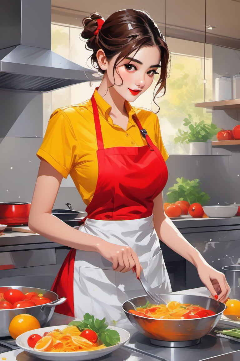 minimalism,flat,red apron,yellow dress,canteen background, 8K Ultra HD, highly detailed, chef,food, beautiful detailed illustration of a beautiful woman, splash arts, vivid colorful tone, lowerillustration,gh3a