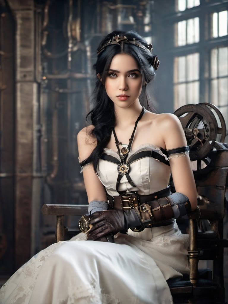 FilmGirl,HZ Steampunk,belt,gear, 1girl, solo, black hair, dress, realistic,, white dress, long hair, sitting, bare shoulders, looking at viewer, parted lips,  collarbone, black eyes, lips, see-through, off shoulder, small breasts,