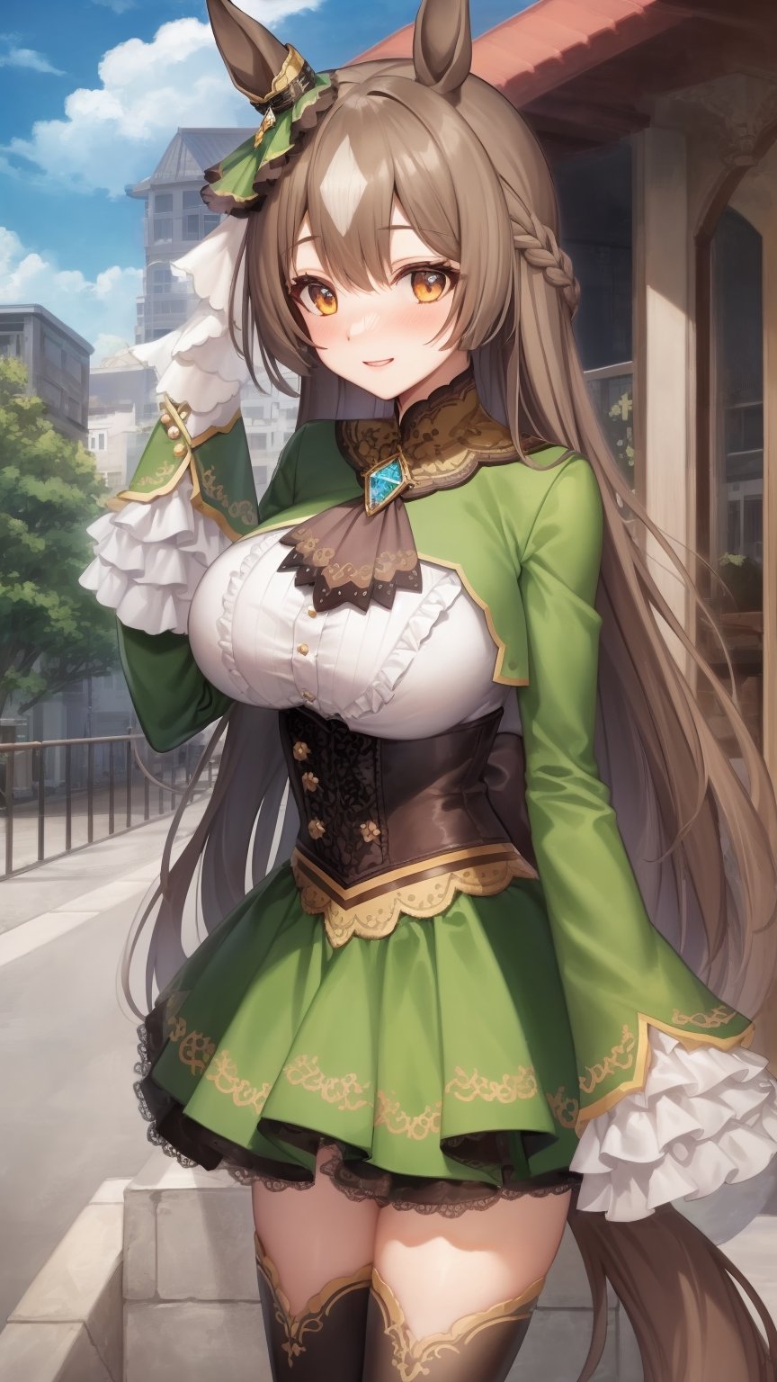 masterpiece, best quality, anime colored, game cg, official art, high quality, best quality, extremely detailed eyes, extremely detailed body, extremely detailed finger, diagonal composition ,standing, outdoor, downtown, cowboy shot,hair ribbon, hair ornament,sleeves past wrists, sleeves past fingers, frilled sleeves, frills, long sleeves, corset, green dress, braid, ascot, green jacket, green skirt, black thighhighs, boots, white footwear,（smile, nose blush),pow pose, horse tail, (huge breasts),looking down at viewer,  satono diamond \(umamusume\),