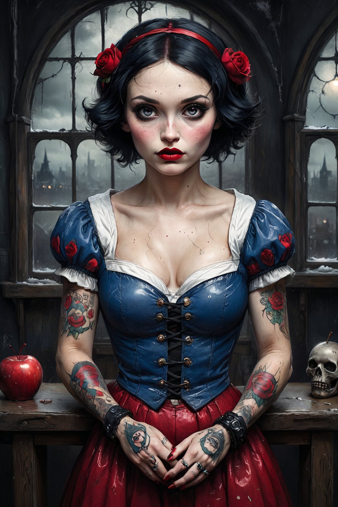 half-length portrait of Snow White, in very sensual post punk clothing, heavy makeup and tattoos, dark and gloomy atmosphere