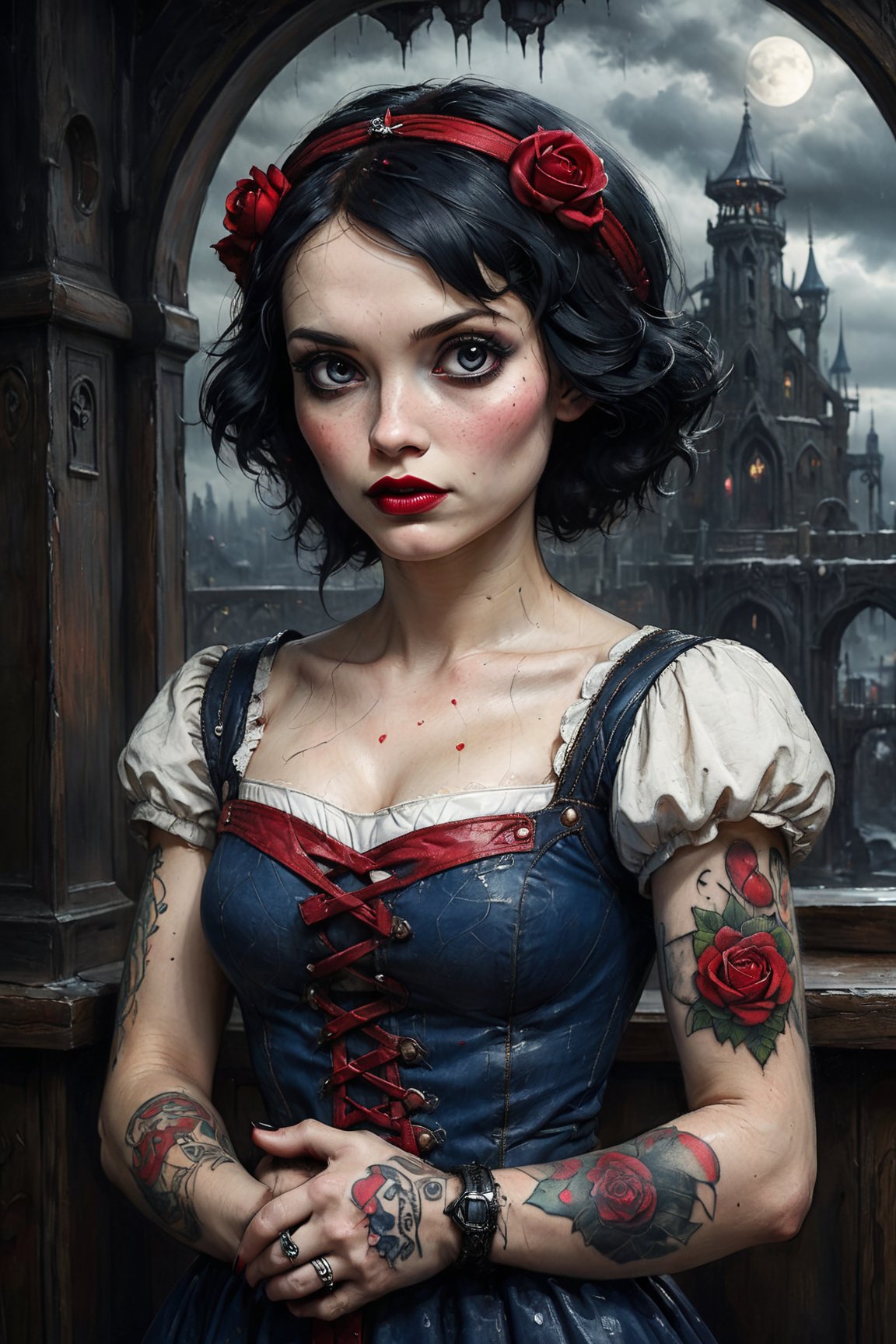 half-length portrait of Snow White, in very sensual post punk clothing, heavy makeup and tattoos, dark and gloomy atmosphere