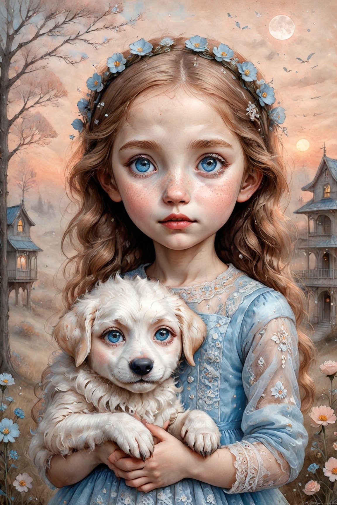 Skinny 5 year old girl, Nordic look with freckles, very detailed sparkling eyes, wearing a lace dress, holding a cute and charming Maremma Sheepdog puppy, Mark Ryden, fog, details: pale slightly coral sunset, bright white and blue mini flowers with delicate translucent petals that give a radiant shine and a mesmerizing image, acrylic ink and pen, fantasy movie poster, cinematic lighting, 32k, correct anatomy, perfect hands, perfect fingers, smoky watercolor, calm atmosphere in the style of Gabriel Pacheco, super detailed masterpiece, favorite on ArtStation, hyperrealism, perfect centered composition, by Tolira