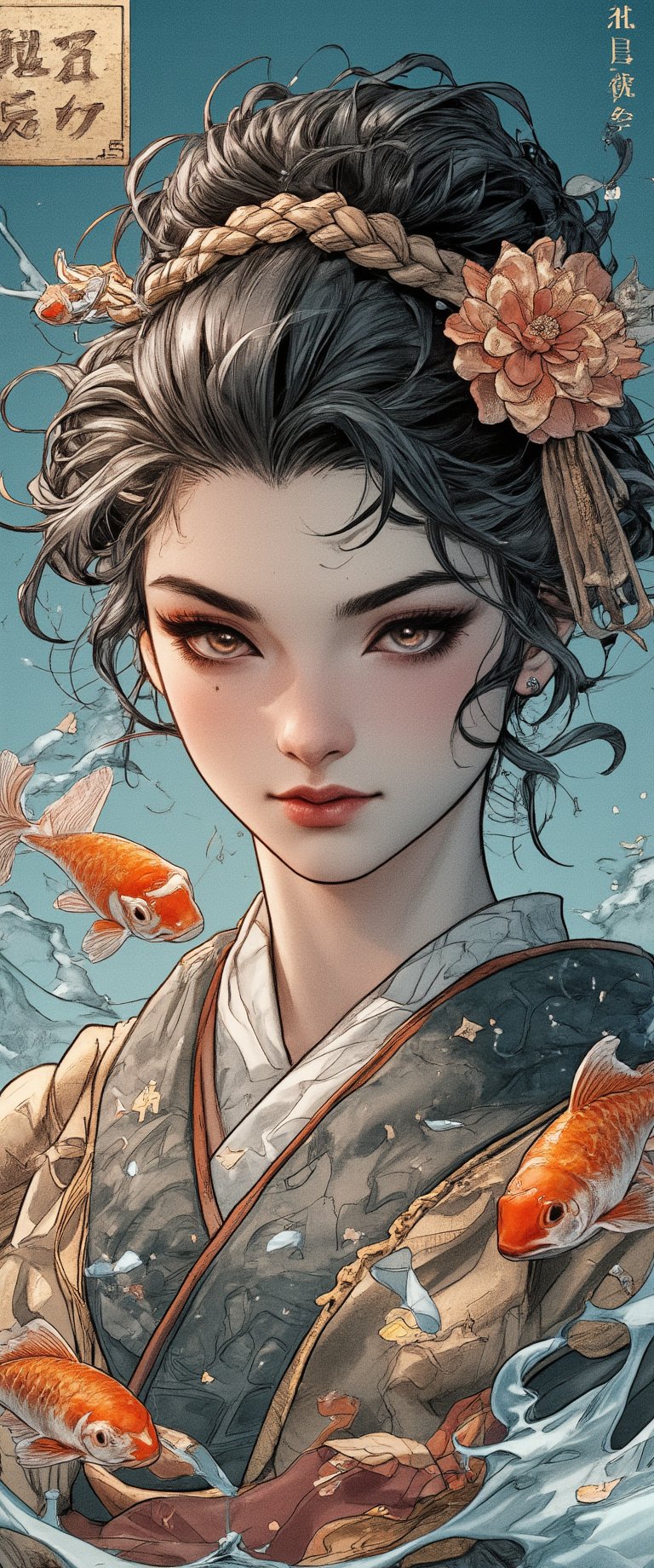 Photo, realistic, light refraction, ((acrylic with goldfish illustration embedded in desk)),  llngsh AND 1920s geisha, face, brunette, kimono goldfish look like they are swimming in Chinese letter panterns that spell ni hao, deep blue and light blue gradation, very beautiful, cool feeling piece, front view of face and full body head to toe angel woman facing the camera, full color Sketch book, highly detailed hand drawn, light, realistic sketch, dark orange and gold chiffon linen and flowing gossamer with ruffled silk under garments dress braded dark brown hair Rough sketch, mix of bold dark lines and loose lines, bold lines, on paper, beautiful angel facing camera, character model sheet, back view included on character sheet. female, Full body, runes, light hero theme, flowing partially braided hair, beautiful 8k photorealistic, 