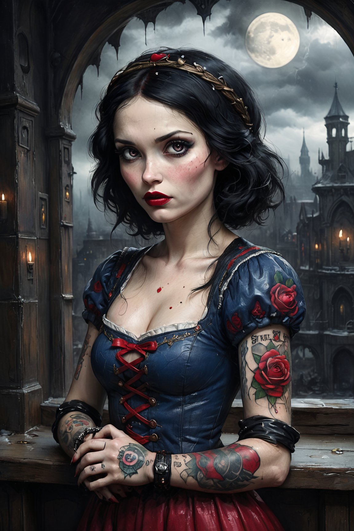 half-length portrait of Snow White, in very sensual post punk clothing, heavy makeup and tattoos, dark and gloomy atmosphere