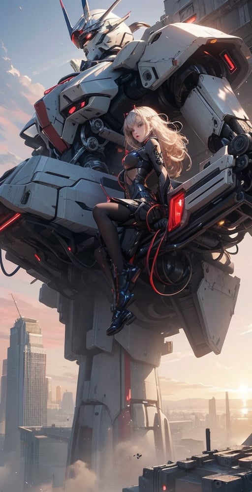 (masterpiece, top quality, best quality, official art, beautiful and aesthetic:1.2), (1girl), extreme detailed,(fractal art:1.3), colorful, highest detailed, r1ge, A photo of a sexy 16-year-old girl flying around in an erotic futuristic mechanical suit, ((neon)), full body, eros, red_eyes, short hair, platinum hair, ((wavy hair)), hair ornament, futuristic ruined city in the background, sunset light in the distance, The general atmosphere is mildly sad but peaceful, transparent bodystocking, mecha, ,mudrock(arknights)
