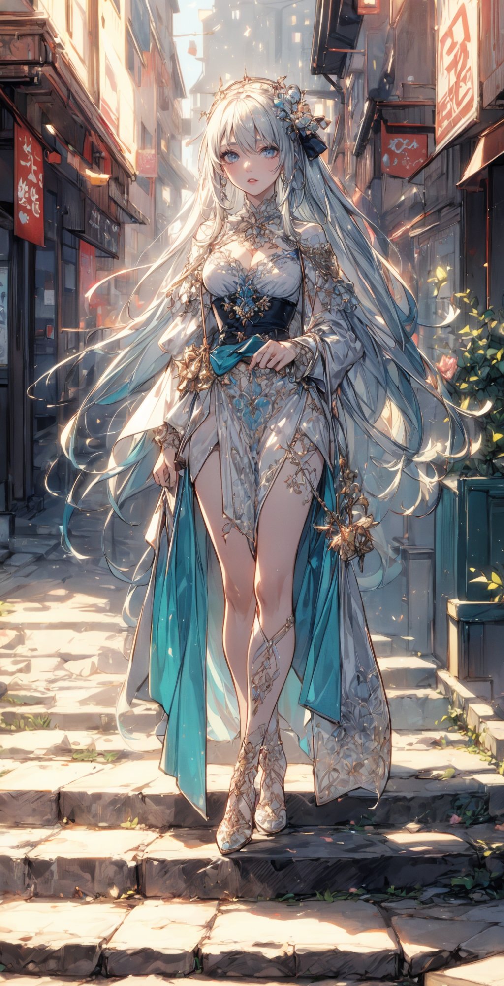  Masterpiece,16k , Intricate details,  soft light,  , ultra realistic, An adorable girl walks along the sidewalk in a night city, In the heart of a bustling medieval town, surrounded by vibrant colorful flowers in full bloom."details background,yofukashi background,morgan le fay,1 girl