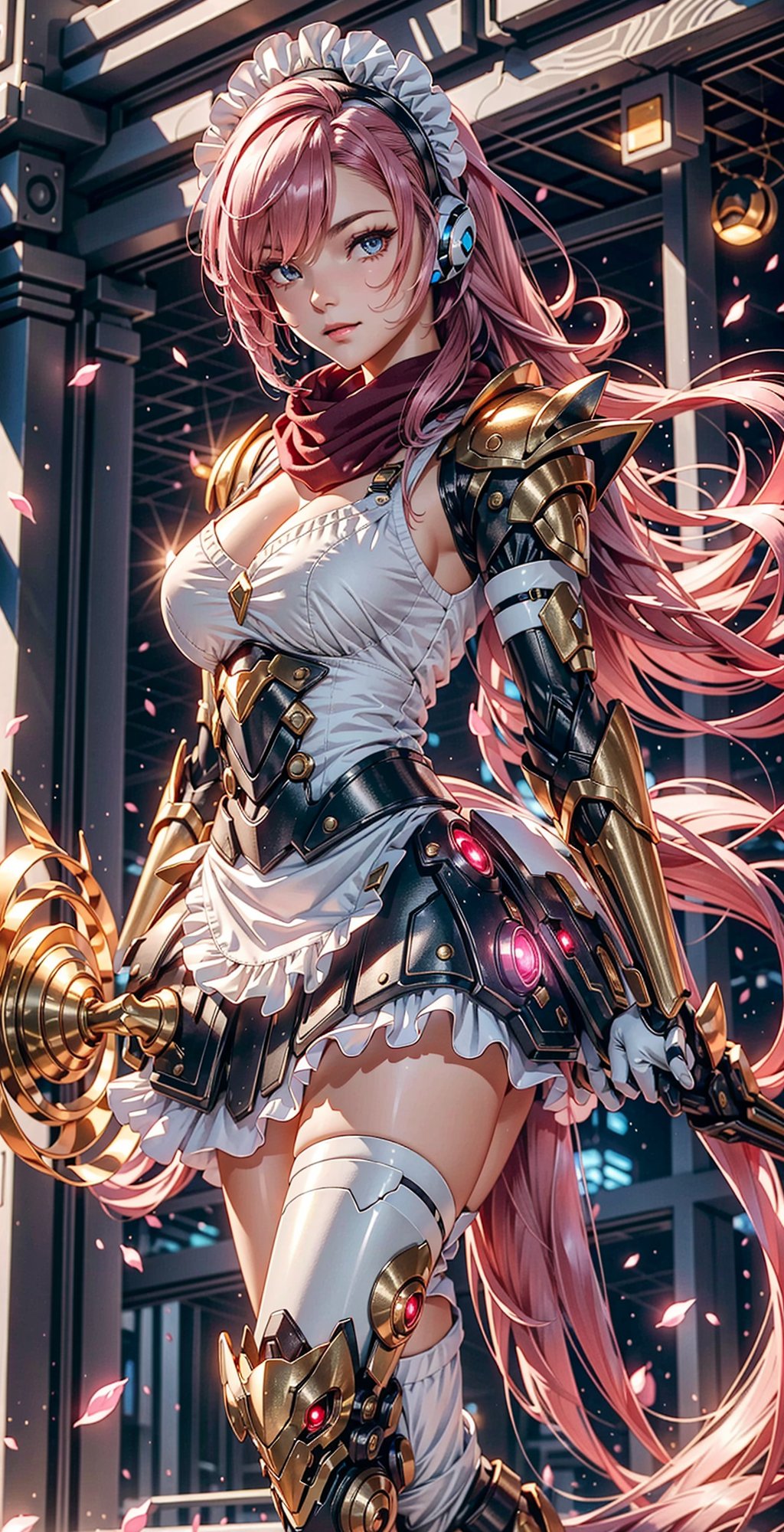 A girl 20 years old on the sun  flame armor ,red eye, pink hair, magical red boot , red shining scarf,
,asunadef