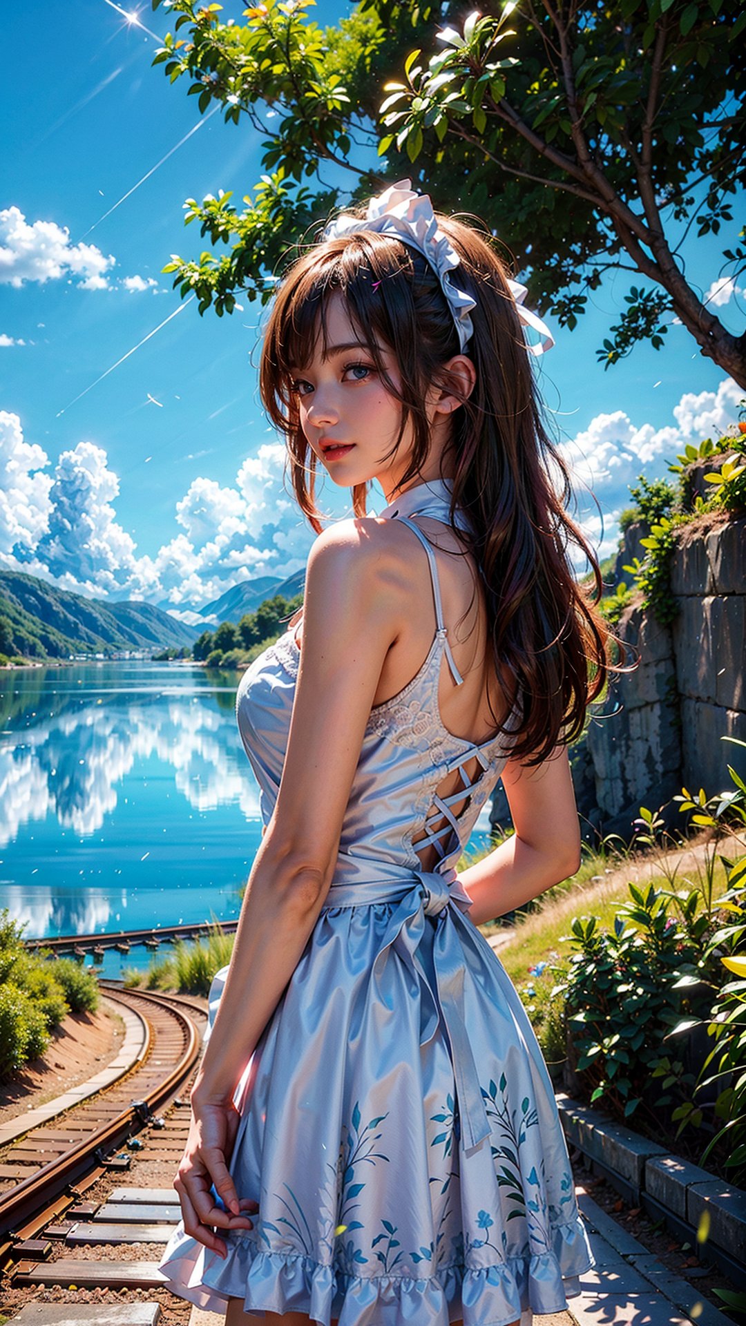 (masterpiece:1.2, best quality:1.2), (ultra detailed), (realistic), pink_hair, beautiful, high quality, highres:1.1, aesthetic), a girl walking on a ((railroad track)), arms open and smiling, The railroad track is on the water, with the  horizon in the distance, There is no land, The sky is reflected water's surface, She wearing a white summer dress, white thunderclouds floating deep blue sky, lens flare, ray tracing, photo quality, high contrast summer scene,	 SILHOUETTE LIGHT PARTICLES,asunadef