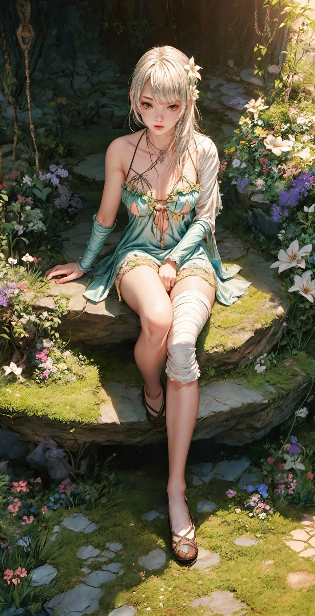  Masterpiece,16k , Intricate details,  soft light,  , ultra realistic,  "An adorable girl is walking on a lush green path, sitting on an old staircase, surrounded by vibrant colorful flowers in full bloom."details background, High detailed ,FFIXBG,kaine \(nier\)