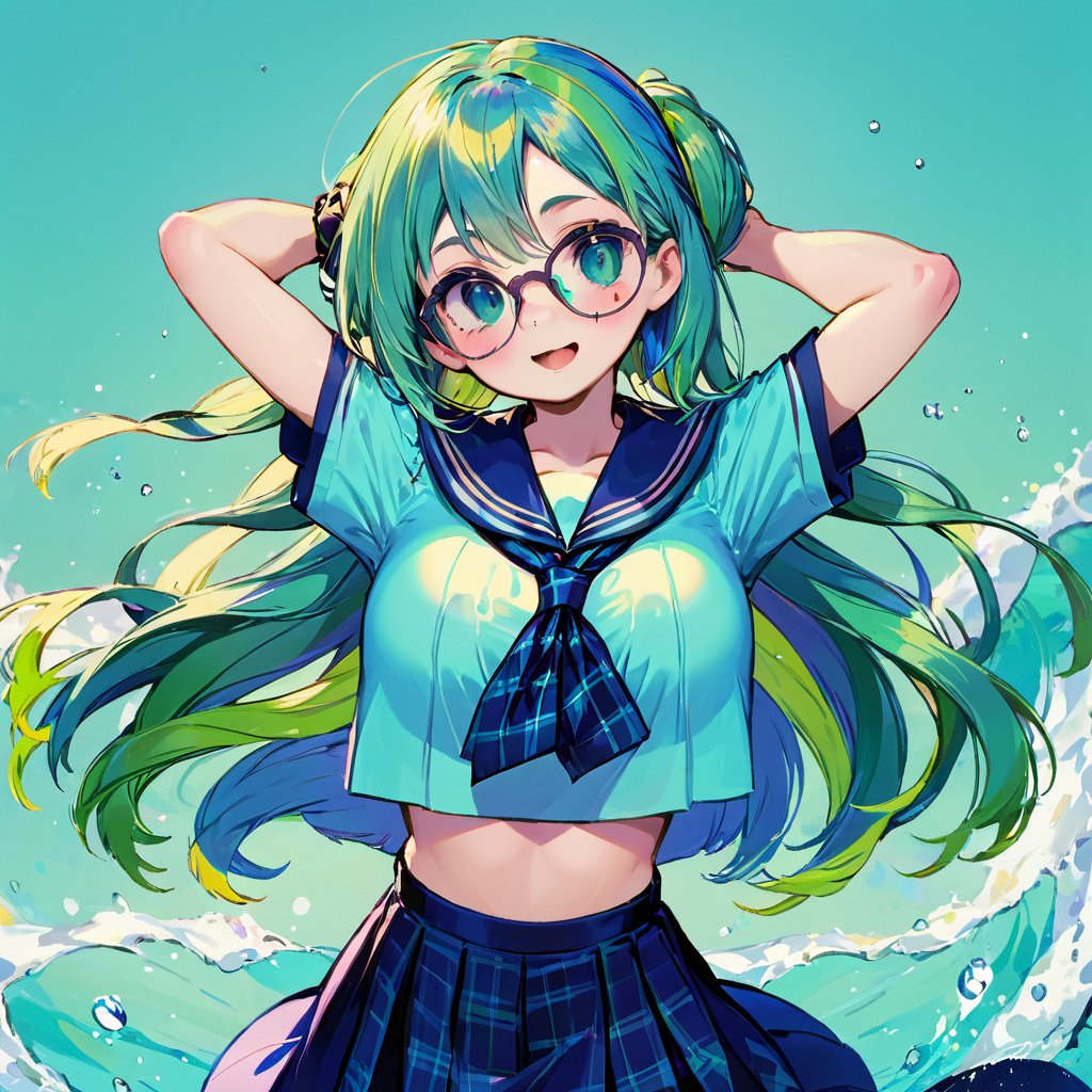 colorful, best quality, masterpiece, highres, original, extremely detailed wallpaper, 1girl, aqua_background, aqua_hair, arms_up, bespectacled, breasts, glasses, green_background, green_hair, large_breasts, long_hair, looking_at_viewer, mouth_hold, neckerchief, plaid, sailor_collar, school_uniform, serafuku, short_sleeves, solo, upper_body