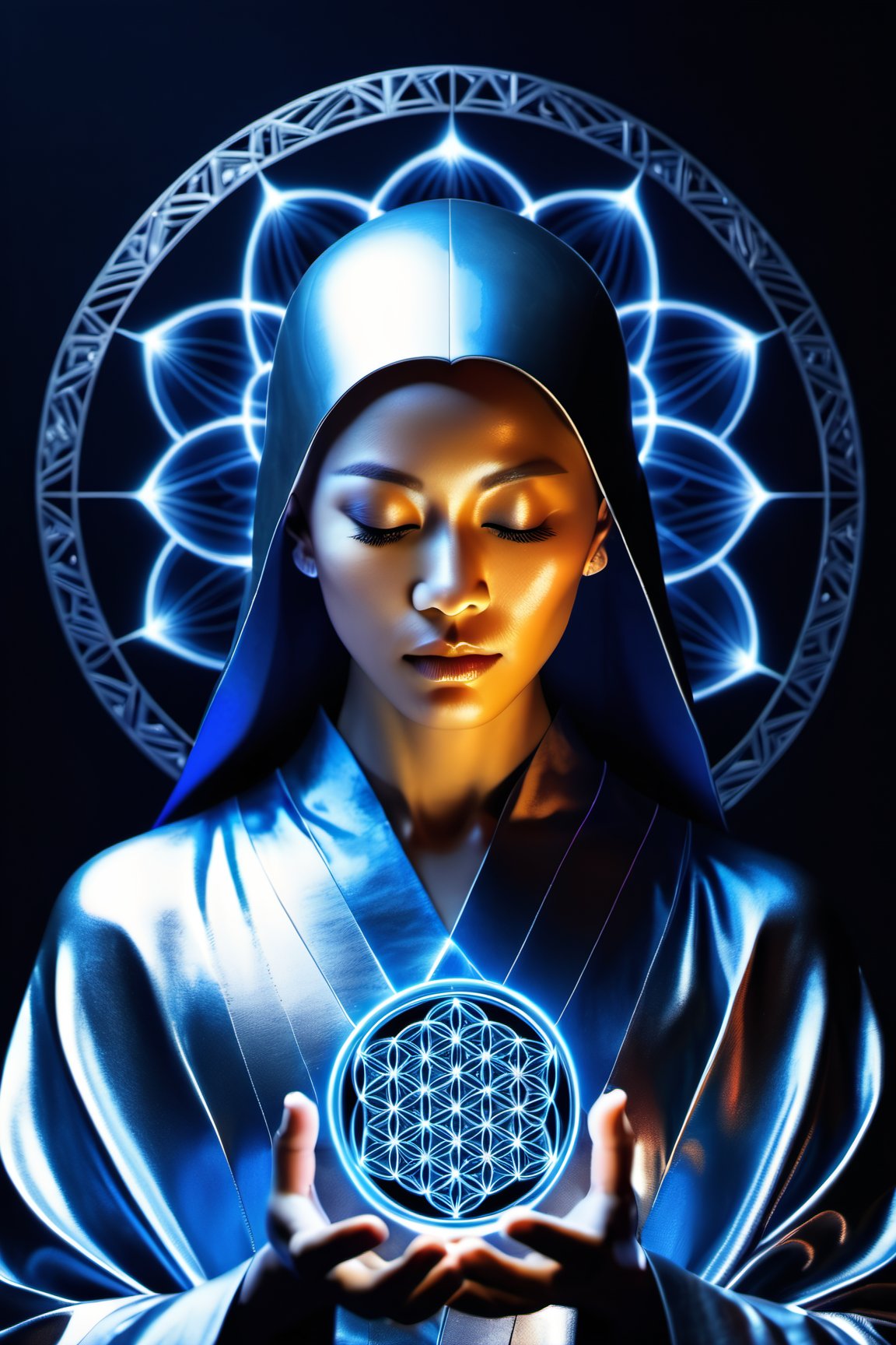 (((Silver Mind))), ((cyborg monk meditating)), ((simple blue robe)), Art Technology, sparks and surges, arcs of electricity, silver flower of life as read geometry background, ready to print, black background,HD, vibrant,Movie Still