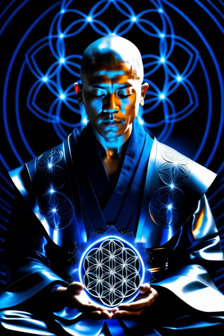 (((Silver Mind))), ((cyborg monk meditating)), ((simple blue robe)), Art Technology, sparks and surges, arcs of electricity, silver flower of life as read geometry background, ready to print, black background,HD, vibrant,Movie Still