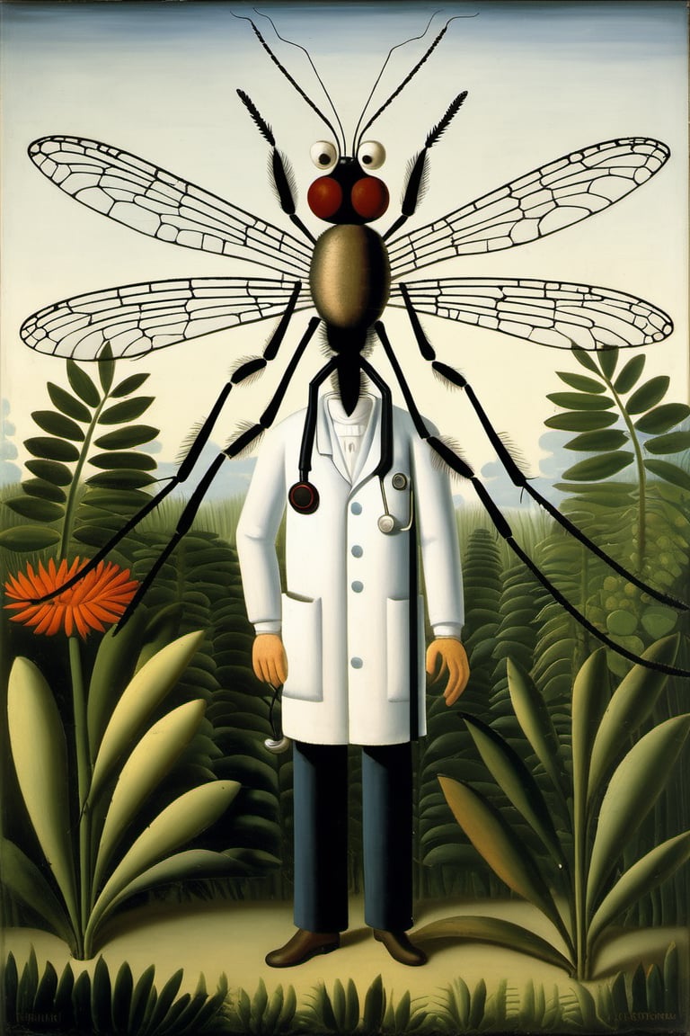 A mosquito wearing a doctor's hat,by Henri Rousseau