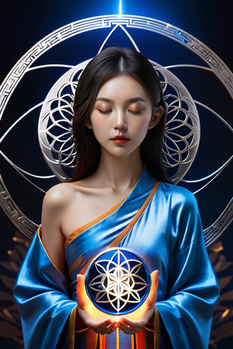 (((Silver Mind))), ((Meditating Chinese monk)), ((simple blue robe)), Art Technology, sparks and surges, arcs of electricity, silver flower of life as read geometry background, ready to print, black background,HD, vibrant,Movie Still,3d style,dfdd,xxmix_girl