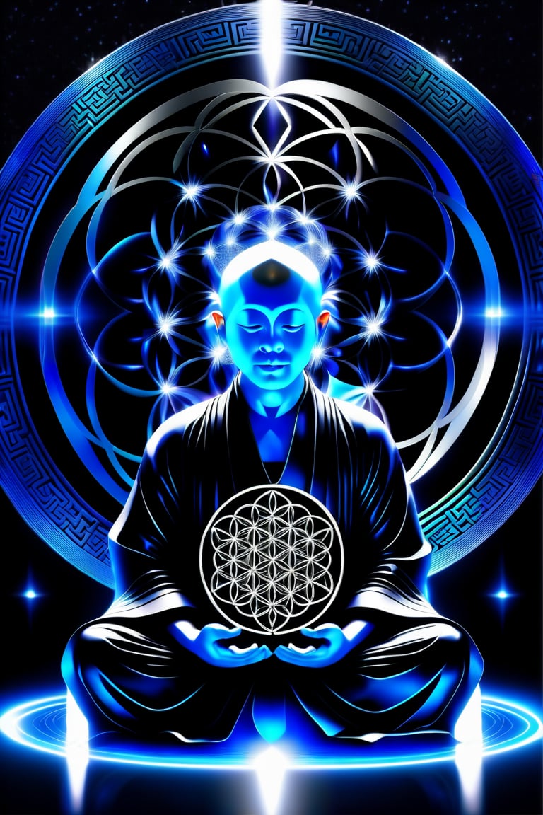 (((Silver Mind))), ((Meditating Chinese monk)), ((simple blue robe)), Art Technology, sparks and surges, arcs of electricity, silver flower of life as read geometry background, ready to print, black background,HD, vibrant,Movie Still,3d style