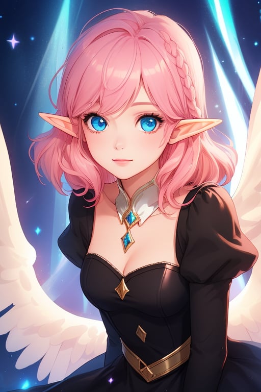 illuminated, hight quality, ultra detailed, shade, bright, lady, blue eyes, pink hair, black dress, magical pink place, magical effects, elf, angel wings