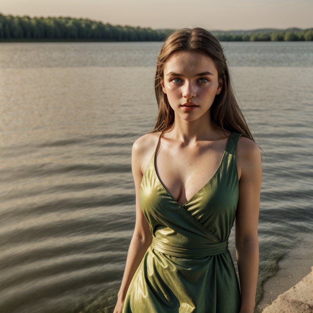 A realistic photo of a young Polish girl with a detailed, realistic face. The girl is beautiful, with long brown hair and big green eyes. She has an athletic figure and medium breasts. She is wearing a dress. She stands by the surface of the beautiful lake on a sunny day. Golden Hour Lighting, solo_female