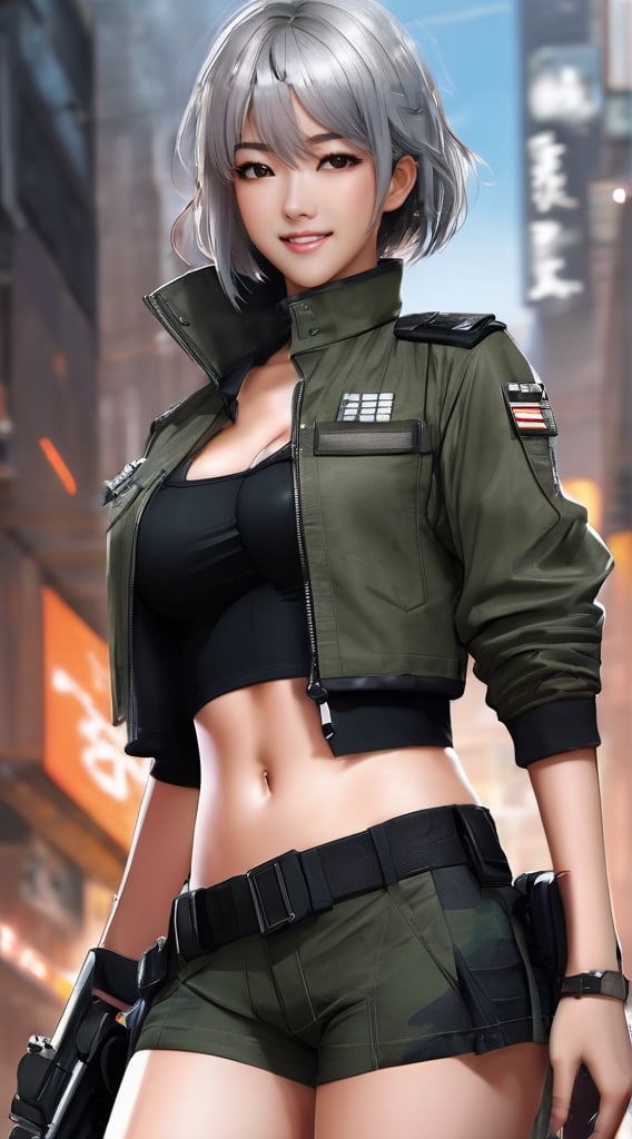 Masterpiece, ultra-realistic, 32K, high-resolution CG Unity 8K wallpaper, highest quality, raw photo, full-body, Japanese idol, female soldier, sexy body girl, wearing ta standing collar open-chest jacket camouflage clothes , perfect toothy smile, dynamic pose, shorthair,silver_hair