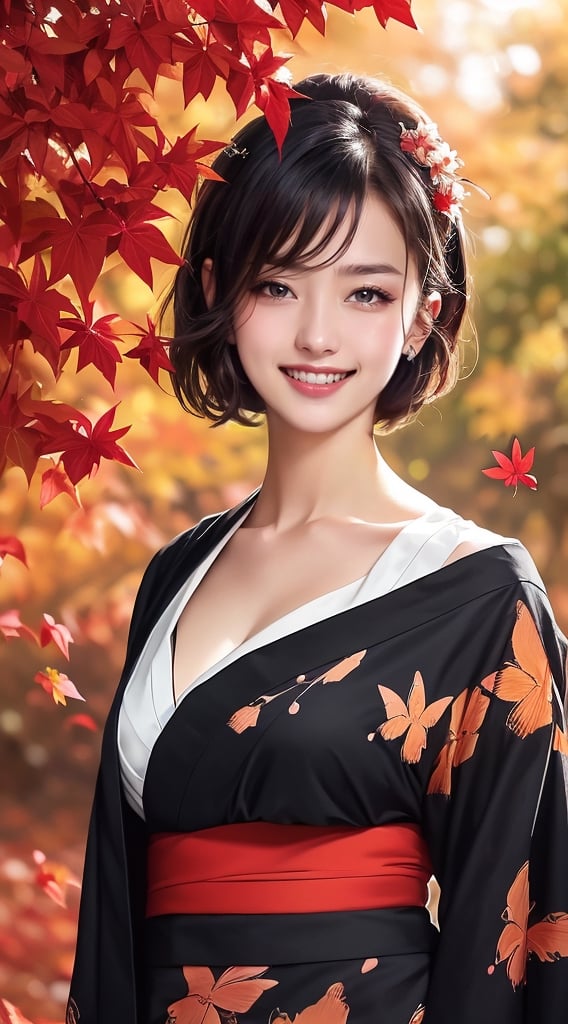 masterpiece,ultra realistic,32k,extremely detailed CG unity 8k wallpaper, best quality,1 beautiful woman,smiling with visible perfect teeth,detailed beautiful eyes and face,(full_body:1.3),realistic detailed skin texture,(Japanese traditional black kimono with butterfly and flower pattern),(background is red autumn leaves), natural sunlight,shorthair