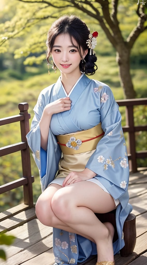 (top quality,  8k,  ultra detailed,  masterpiece, raw photo),  beautiful detailed,  ((jpanese beauty:1.3) in Japanese, traditional pale gold color-based furisode with blue-flower pattern),  (beautiful eyes),  (delicate face),  (perfect detail),  smile,  (blacl hair curly hair), top quality,  ultra-detailed,  photorealistic,  8k,  wide Shots: 1.5,  full body, natural sunlight,  depth of fields,  close-up portrait,  sharp-focus,full_body,background is a cherry tree