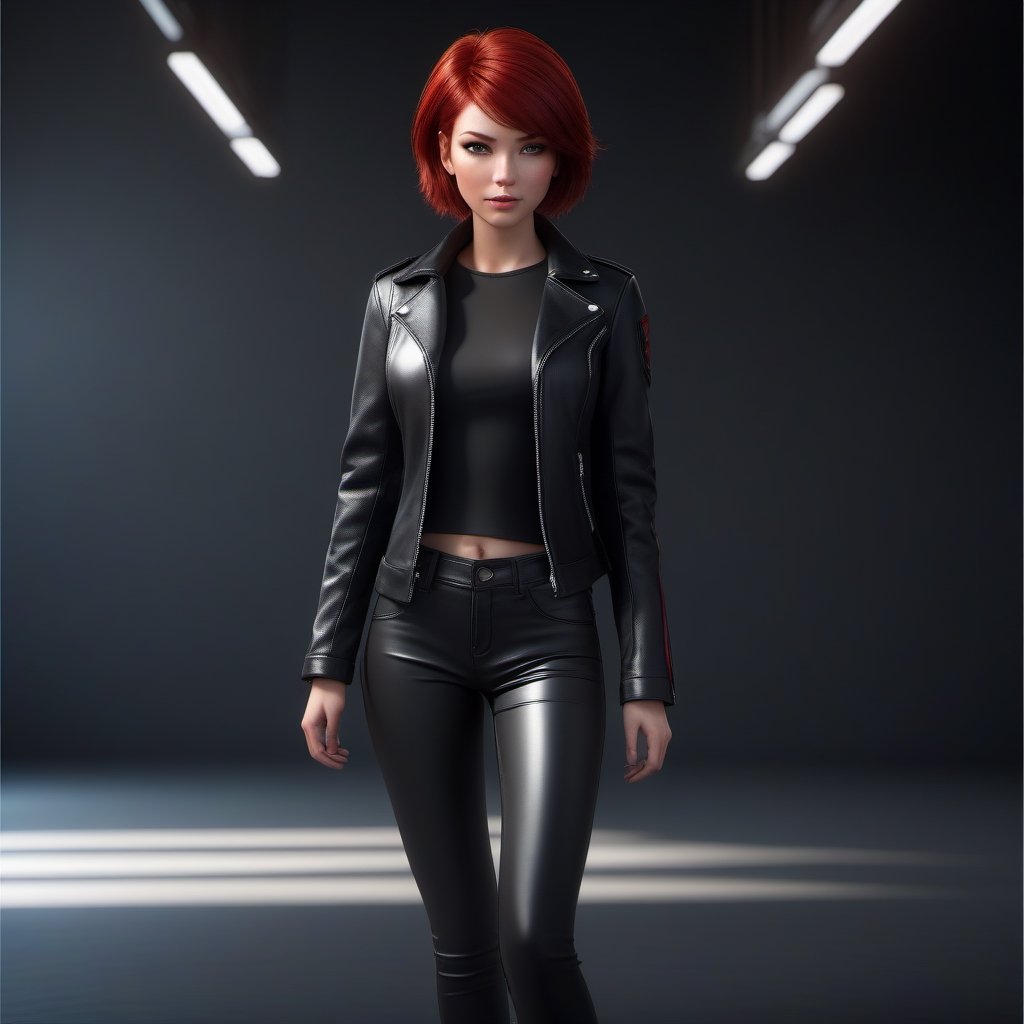 1girl, black leather jacket, black leather tight pants ,slim body,  red hair,  short hair,  lips,  solo,  black eyes,  upper body,  slim body,  Realistic,  high resolution,  masterpiece,  cinematic lighting,  detailed shadow,  ultra high detailed,  studio lighting, long shot, 8k, beautiful, perfect body