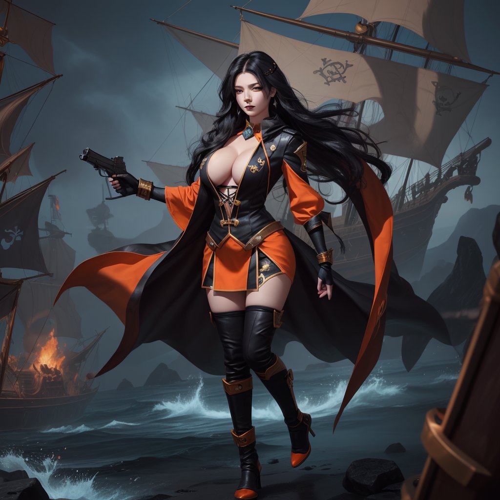 High Quality, League of legends, Miss Fortune, woman, black-hair, red_eye, holding_guns, Full Body, Medium Shot, Pirate ship Background, Age 35, big_boobs, Clothing_Black and Orange