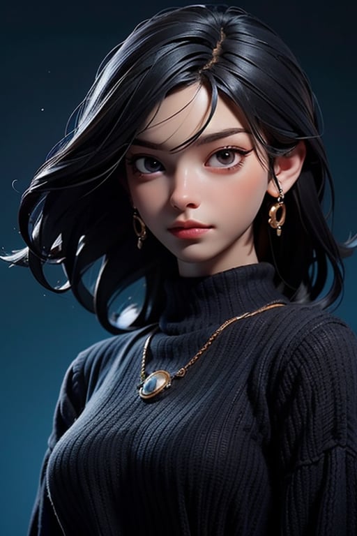 3dmm style,(masterpiece, top quality, best quality, official art, beautiful and aesthetic:1.2), (fractal art:1.3), 1girl, beautiful, high detailed, black hair with a hint of white, black eyes, dark lighting, serious face, looking the sky, sky, medium shot, black sweater, jewelry