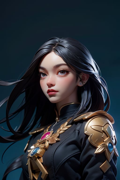 3dmm style,(masterpiece, top quality, best quality, official art, beautiful and aesthetic:1.2), (fractal art:1.3), 1girl, beautiful, high detailed, black hair with a hint of white, black eyes, dark lighting, serious face, looking the sky, sky, medium shot, black dress, jewelry