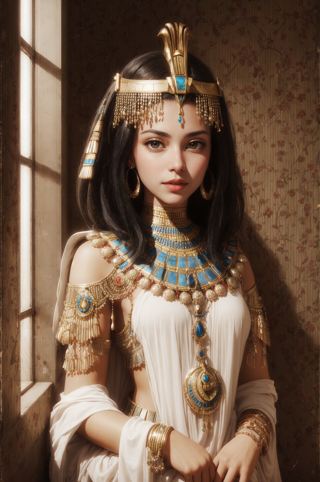 An Egyptian princess Cleopatra, white kalasiris, short-hair, Egyptian style, high_resolution, Egyptian style interior background, royalty