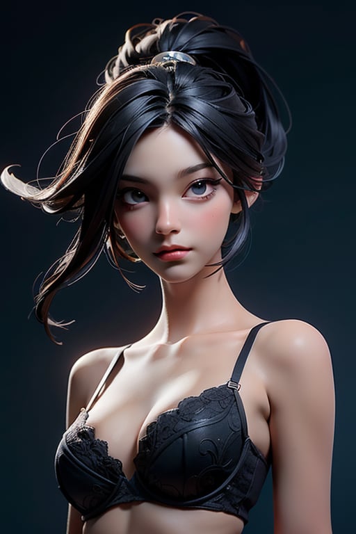 3dmm style,(masterpiece, top quality, best quality, official art, beautiful and aesthetic:1.2), (fractal art:1.3), 1girl, beautiful, high detailed, black hair with a hint of white, black eyes, dark lighting, serious face, looking the sky, sky, medium shot, black bra, jewelry