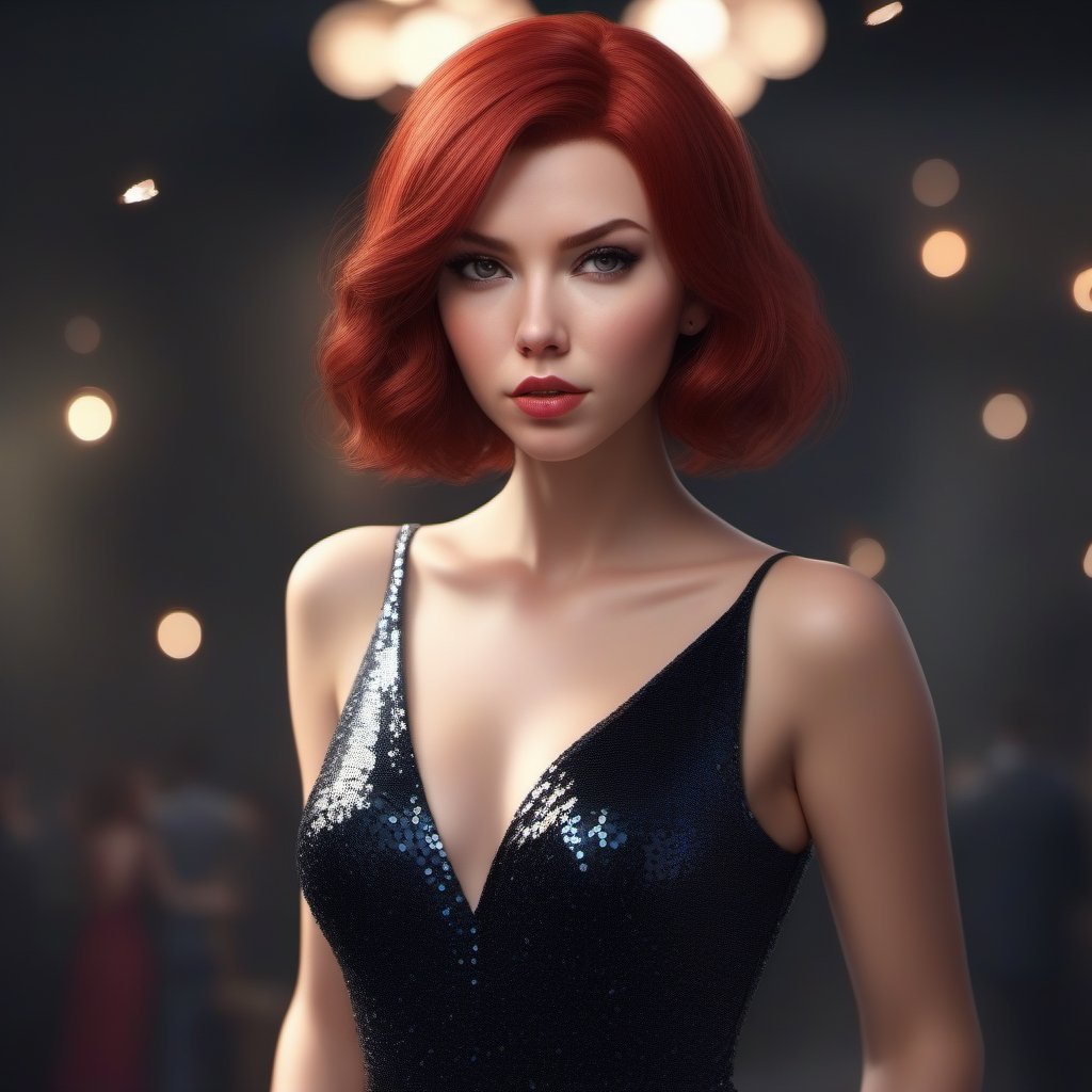 1girl, Black Widow, wearing party dress that features sequins and a deep V-neck neckline, full body, slim body, red hair, short_hair,  lips,  solo,  black eyes,  slim body, Realistic, 