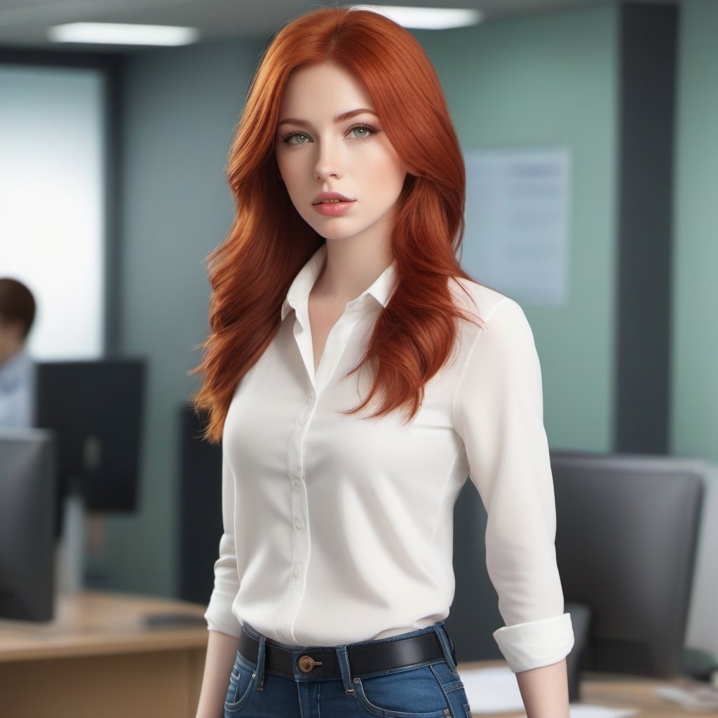 1girl, wearing a shirt and tight jeans, office background, red hair, long hair, lips, solo, green eyes, full body, full_body, high_resolution, high_res 
