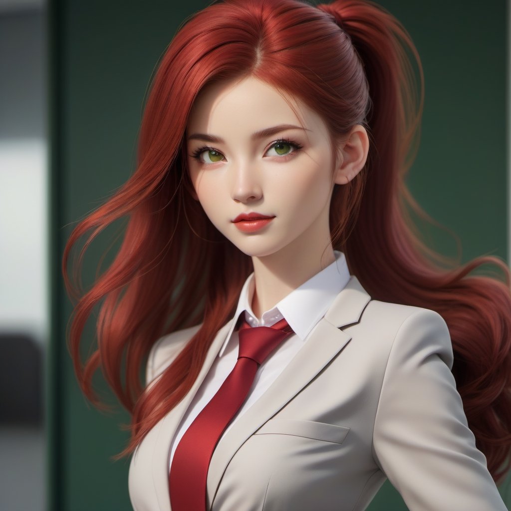 1girl, wearing a suit and tie, outfit includes a white shirt and a red tie, office background, red hair, long ponytail hair, lips, solo, green eyes, full body, full_body, high_resolution, high_res 
