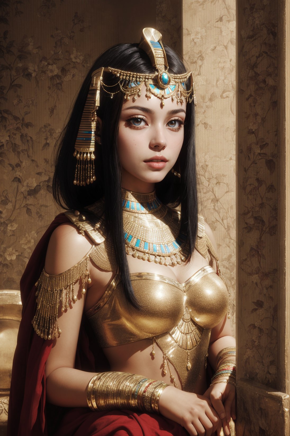 An Egyptian princess Cleopatra, white kalasiris, short-hair, Egyptian style, high_resolution, Egyptian style interior background, royalty