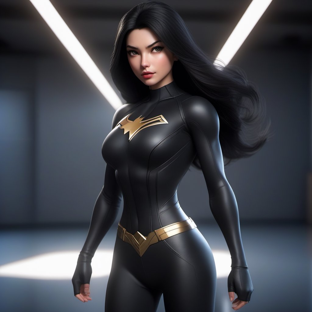 1girl,  Superhero, tight clothes ,slim body,  black hair,  longhair,  lips,  solo,  black eyes,  upper body,  slim body,  Realistic,  high resolution,  masterpiece,  cinematic lighting,  detailed shadow,  ultra high detailed,  studio lighting, long shot, 8k, beautiful, perfect body