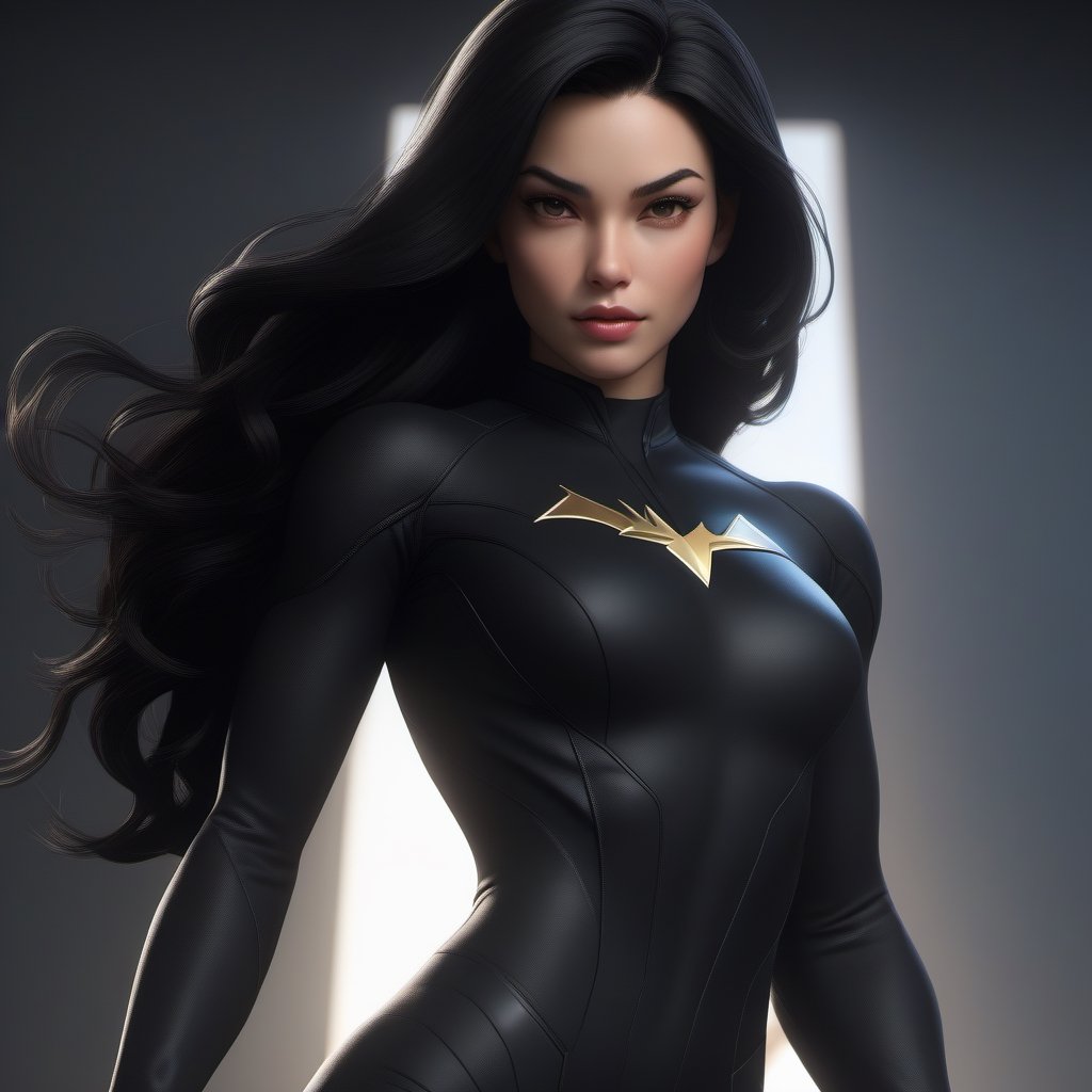 1girl,  Superhero, tight black suit ,slim body,  black hair,  longhair,  lips,  solo,  black eyes,  upper body,  slim body,  Realistic,  high resolution,  masterpiece,  cinematic lighting,  detailed shadow,  ultra high detailed,  studio lighting, long shot, 8k, beautiful, perfect body