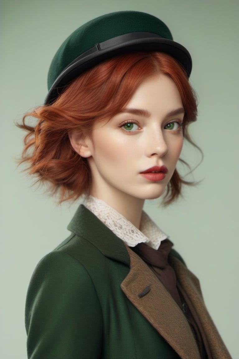 1girl, Dressed in finest peakyblinders attire, simple background, red hair, long hair, lips, solo, green eyes, full body, full_body, high_resolution, high_res 
