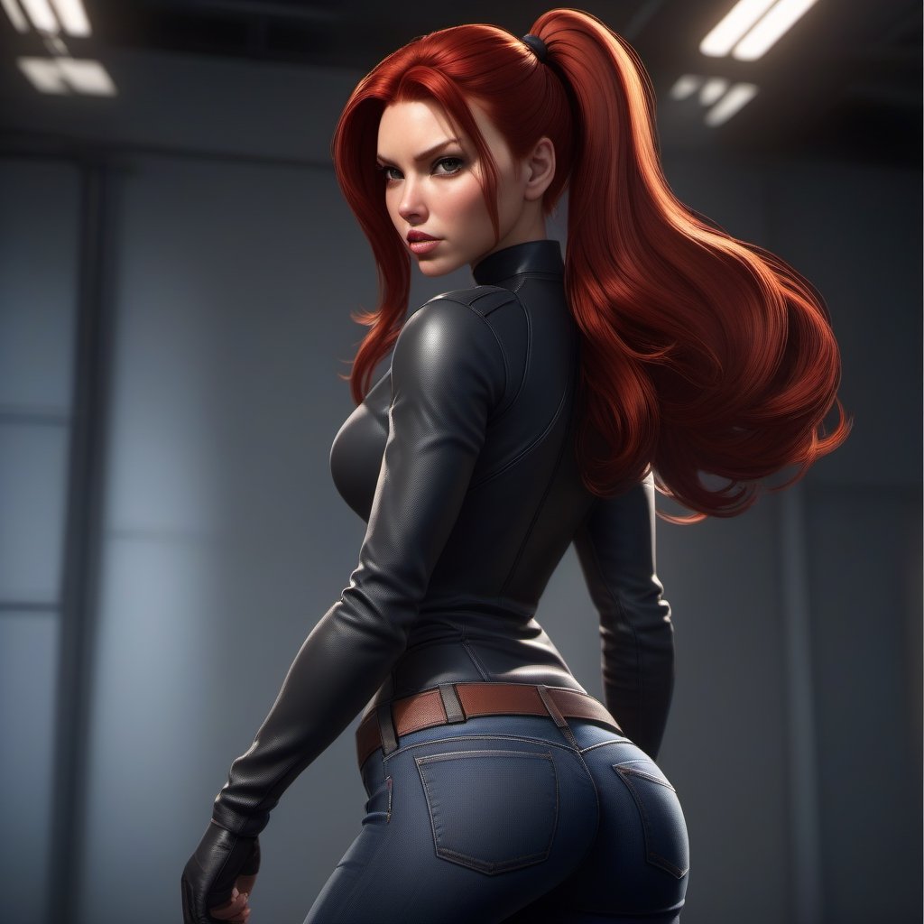 1girl,  Black Widow, tight jeans,  slim body,  red hair,  long ponytail hair,  lips,  solo, big_boobs , NSFW, black eyes,  upper body,  slim body,  Realistic,  high resolution,  masterpiece,  cinematic lighting,  detailed shadow,  ultra high detailed,  studio lighting, 