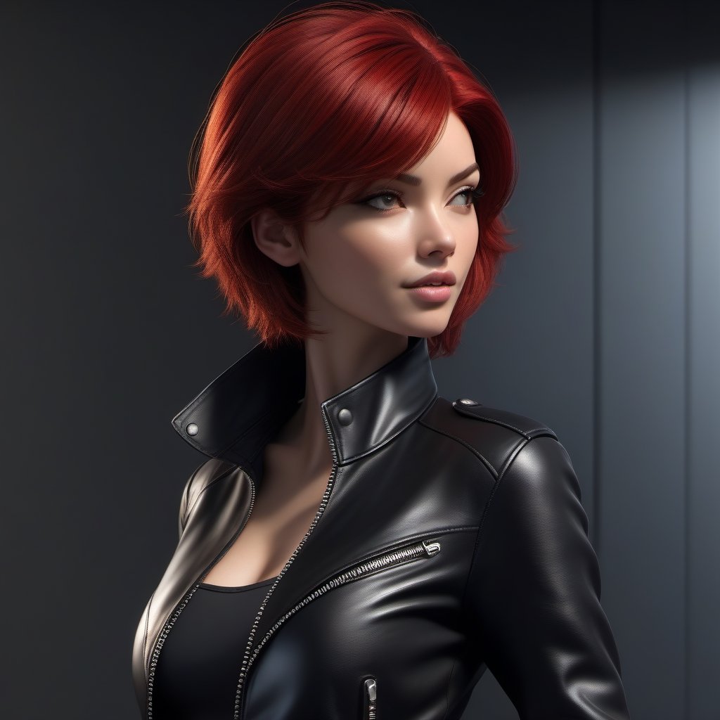1girl, black leather jacket, black leather tight pants ,slim body,  red hair,  short hair,  lips,  solo,  black eyes,  upper body,  slim body,  Realistic,  high resolution,  masterpiece,  cinematic lighting,  detailed shadow,  ultra high detailed,  studio lighting, long shot, 8k, beautiful, perfect body