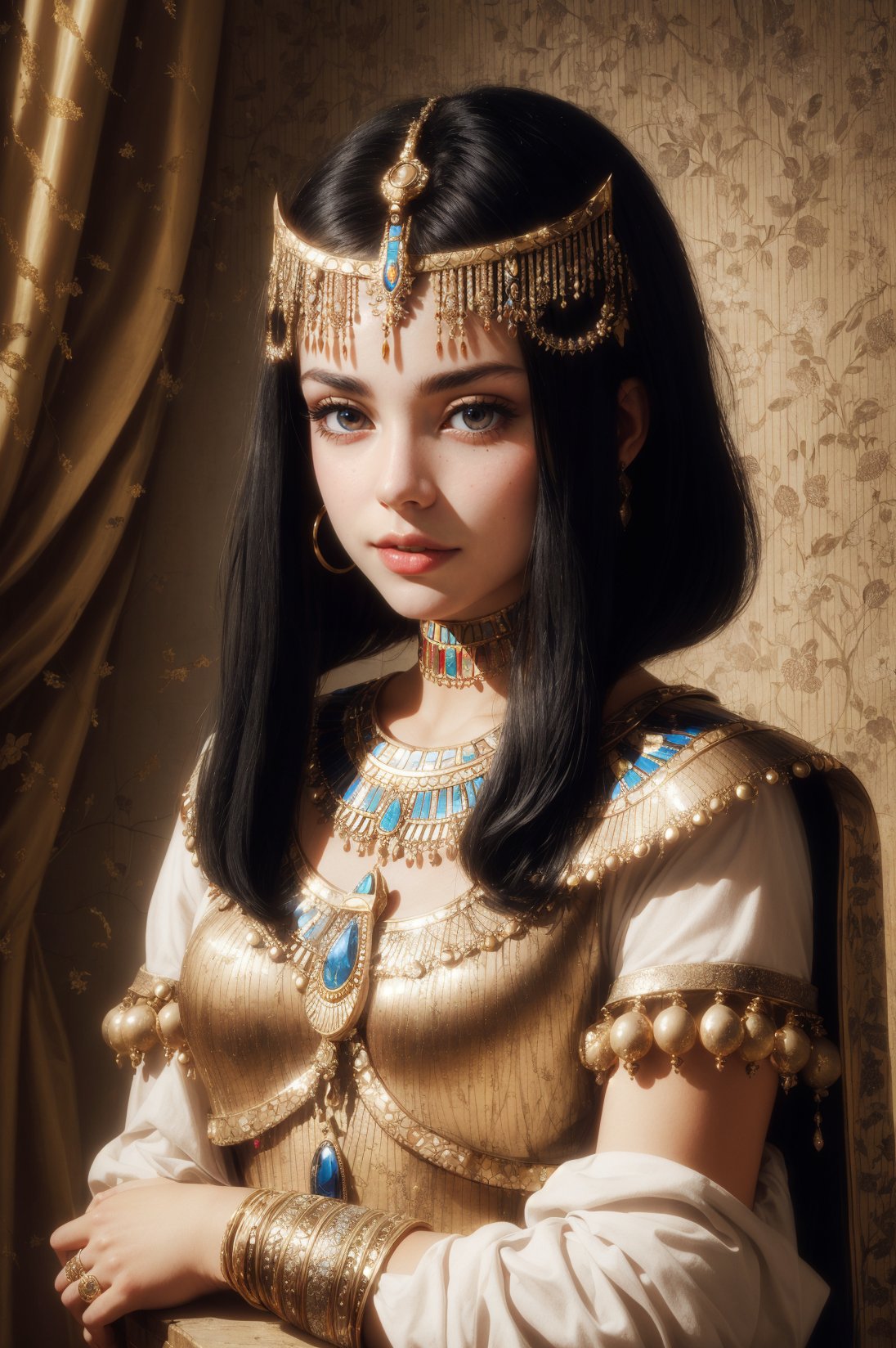 An Egyptian princess Cleopatra, white kalasiris, short-hair, Egyptian style, high_resolution, Egyptian style interior background, royalty