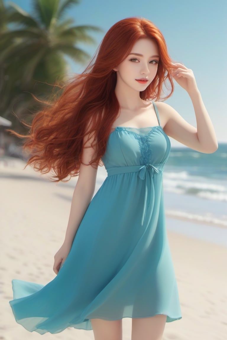 1girl, blue party dress, beach background, red hair, long hair, lips, solo, green eyes, full body, full_body, high_resolution, high_res 
