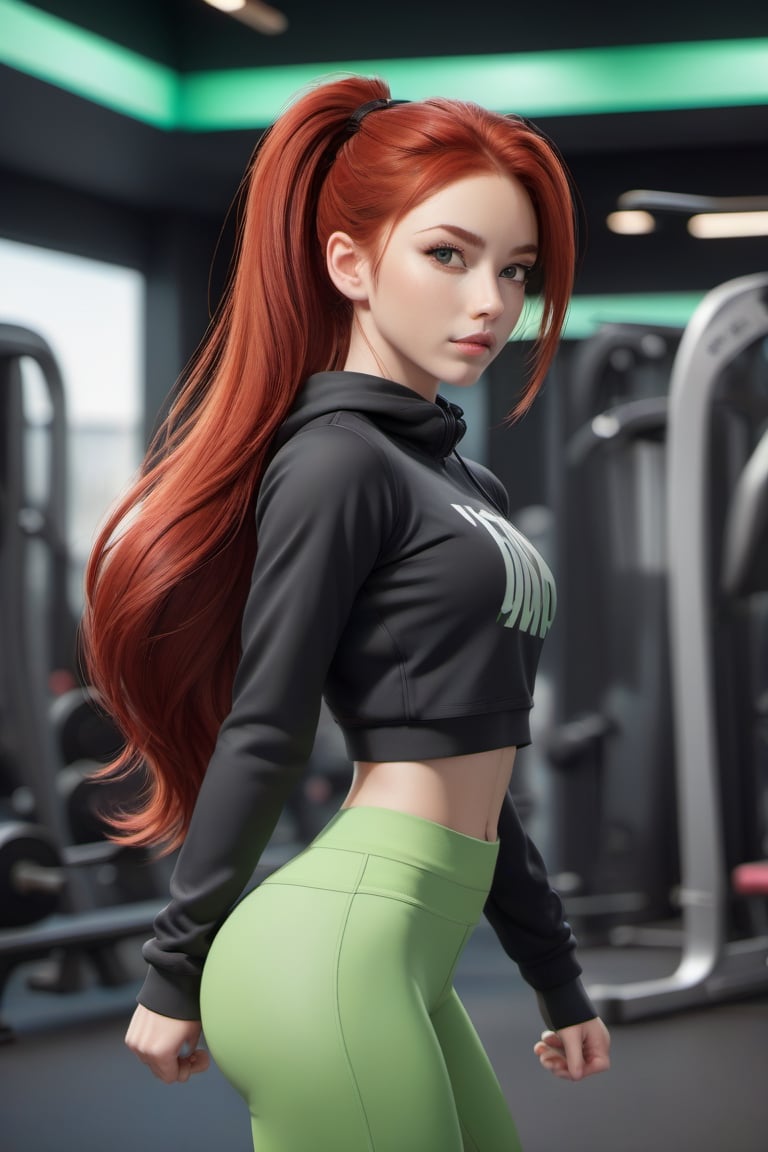 1girl, Dressed in tight gym clothes, gym background, red hair, long ponytail hair, lips, solo, green eyes, full body, full_body, high_resolution, high_res 
