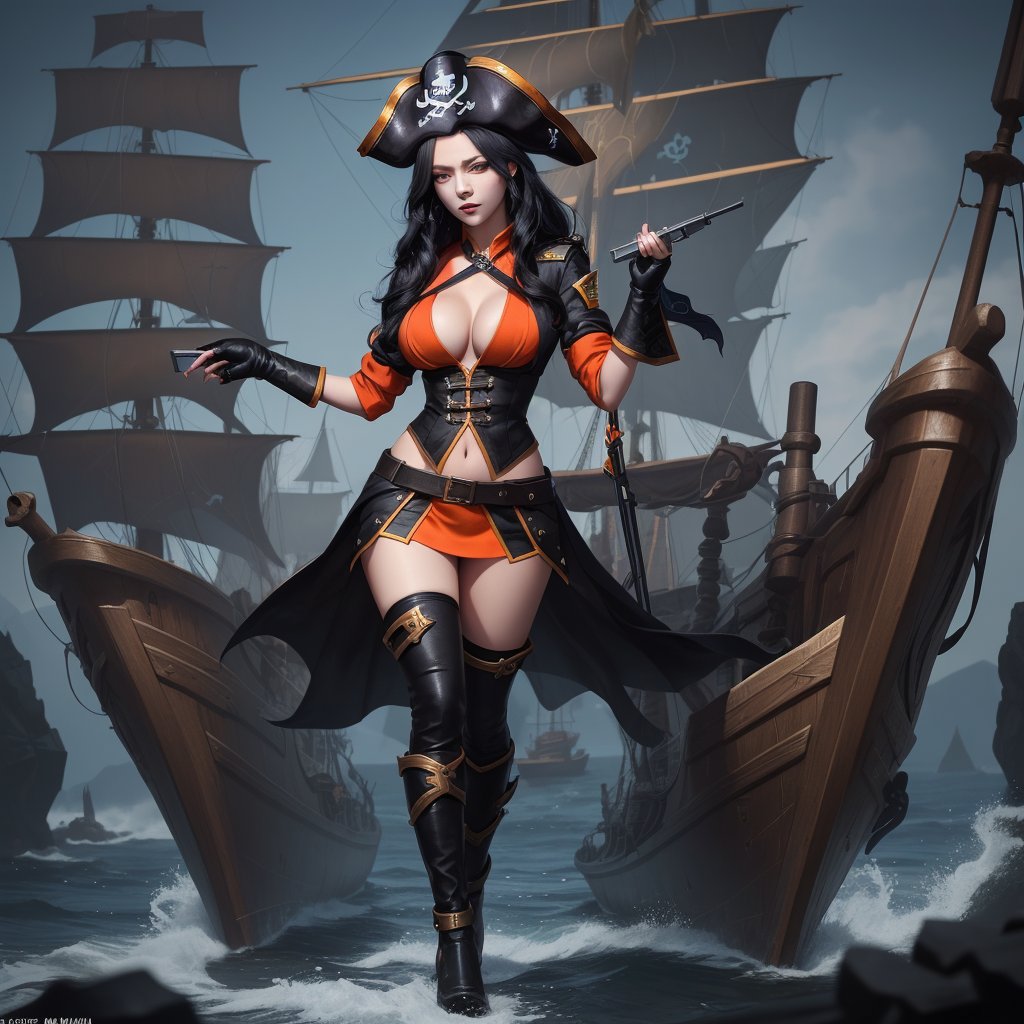 High Quality, League of legends, Miss Fortune, woman, black-hair, red_eye, holding_guns, Full Body, Medium Shot, Pirate ship Background, Age 35, big_boobs, Clothing_Black and Orange