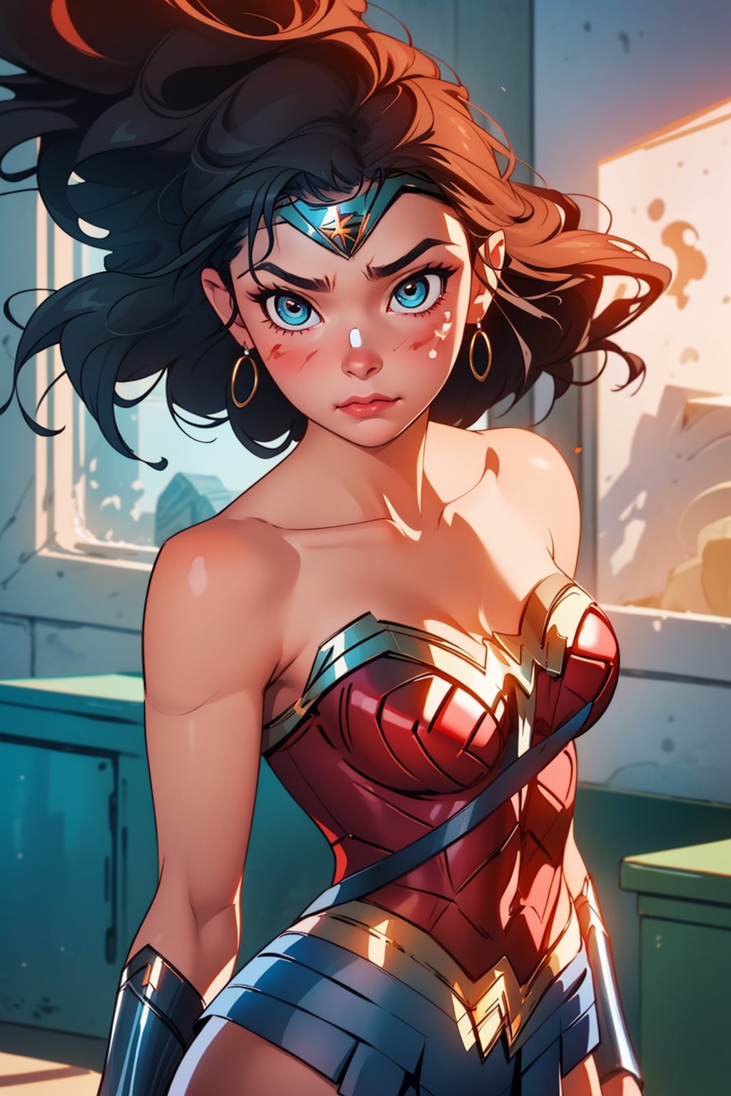 girl, cute, beautiful, sad, in pain with closed mouth, (cute sexy), very detailed, (Wonder Woman), ((body with curves)) defined, good curves, good lighting, very detailed face, eyes very detailed, showing the navel,wonder woman, hurt, bleeding, scratches, in pain,