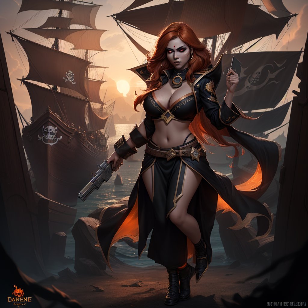 High Quality, League of legends, Miss Fortune, indian woman, dark orange-hair, 2hands, red_eye, holding_guns, Full Body, Medium Shot, Pirate ship Background, Age 35, big_boobs, Clothing_Black and Orange  backlighting