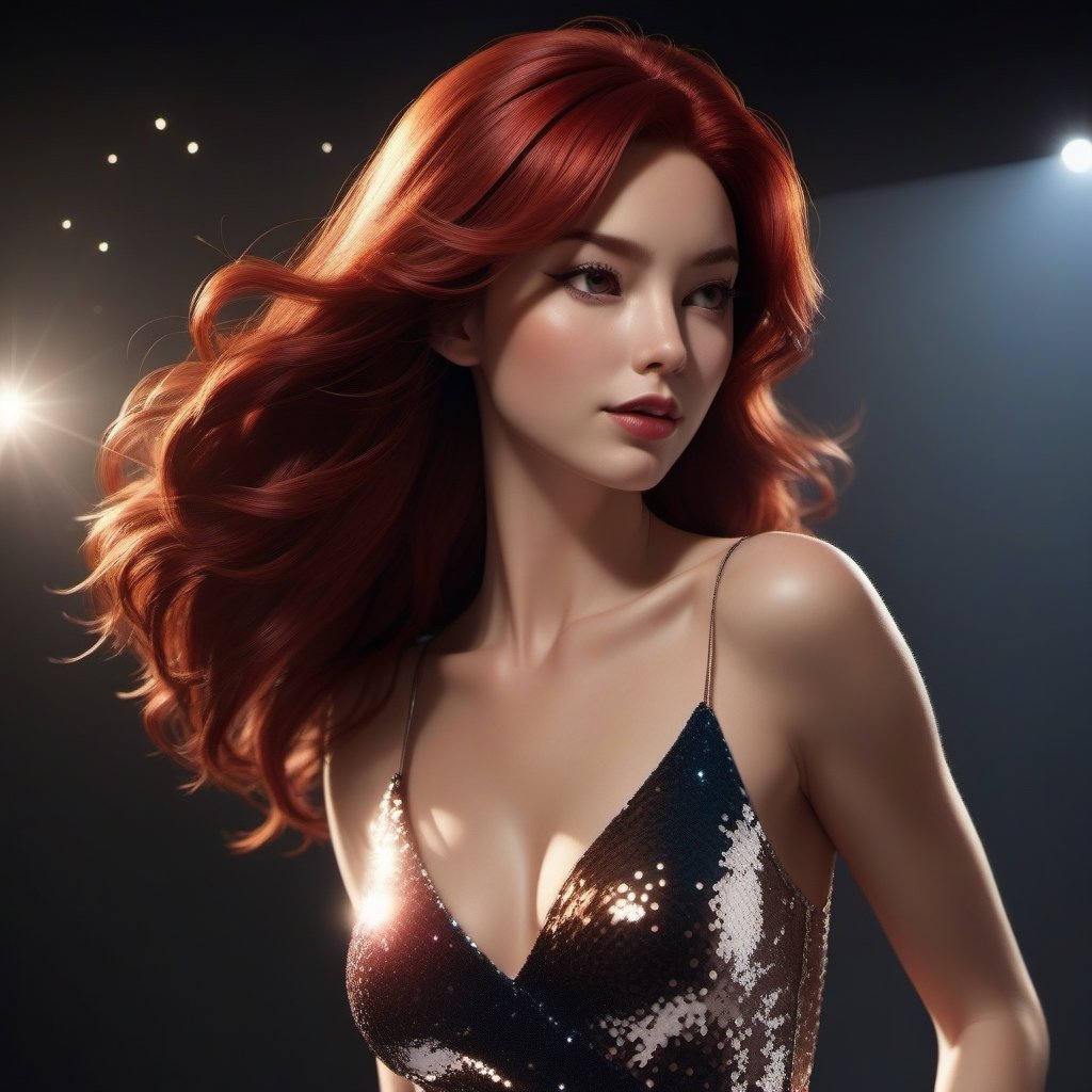 1girl, Superheroine, wearing party dress that features sequins and a deep V-neck neckline, full body, slim body, red hair, longhair, lips, solo, black eyes,  upper body,  slim body,  Realistic,  high resolution,  masterpiece,  cinematic lighting,  detailed shadow,  ultra high detailed,  studio lighting, 
