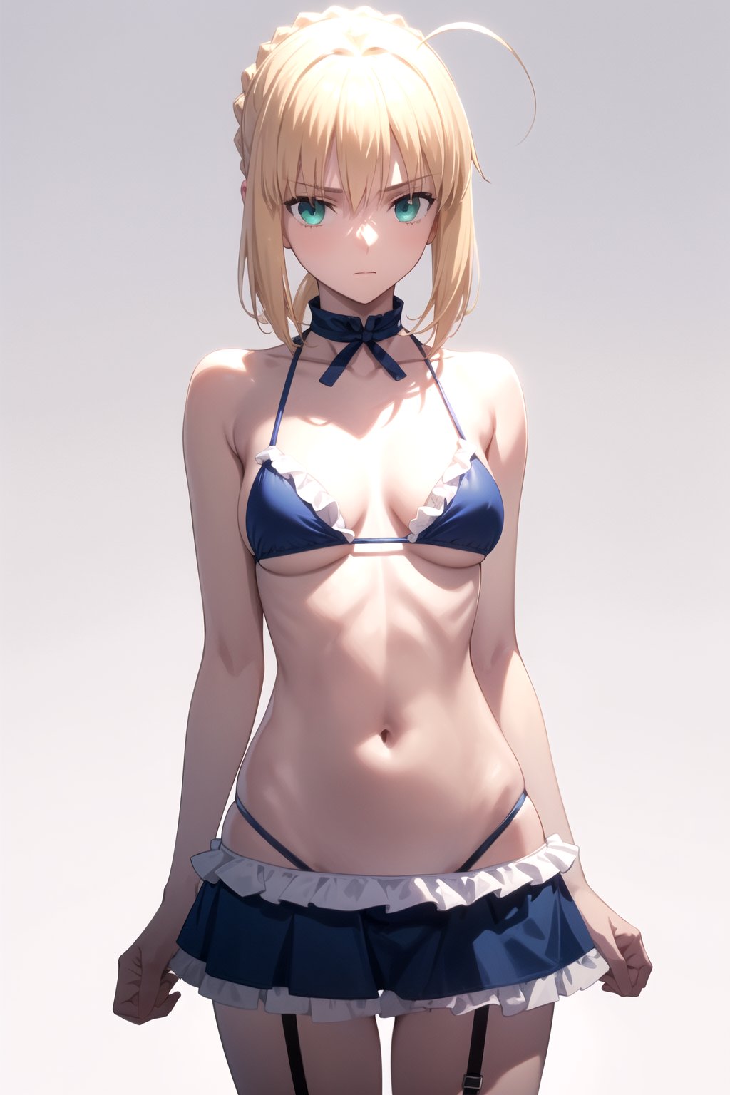 //Quality,
masterpiece, best quality
,//Character,
1girl, solo
,//Fashion,
,//Background,
white_background, simple_background, blank_background
,//Others,
,phSaber, phAltoria, micro_bikini, thigh_straps, hair down, blurry, frills,