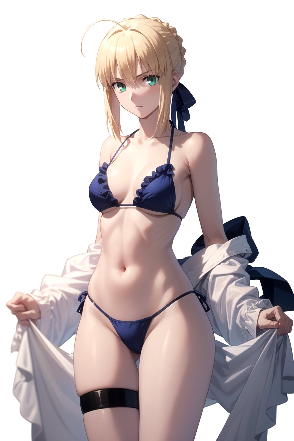 //Quality,
masterpiece, best quality
,//Character,
1girl, solo
,//Fashion,
,//Background,
white_background, simple_background, blank_background
,//Others,
,phSaber, phAltoria, micro_bikini, thigh_straps, hair down, blurry, frills,