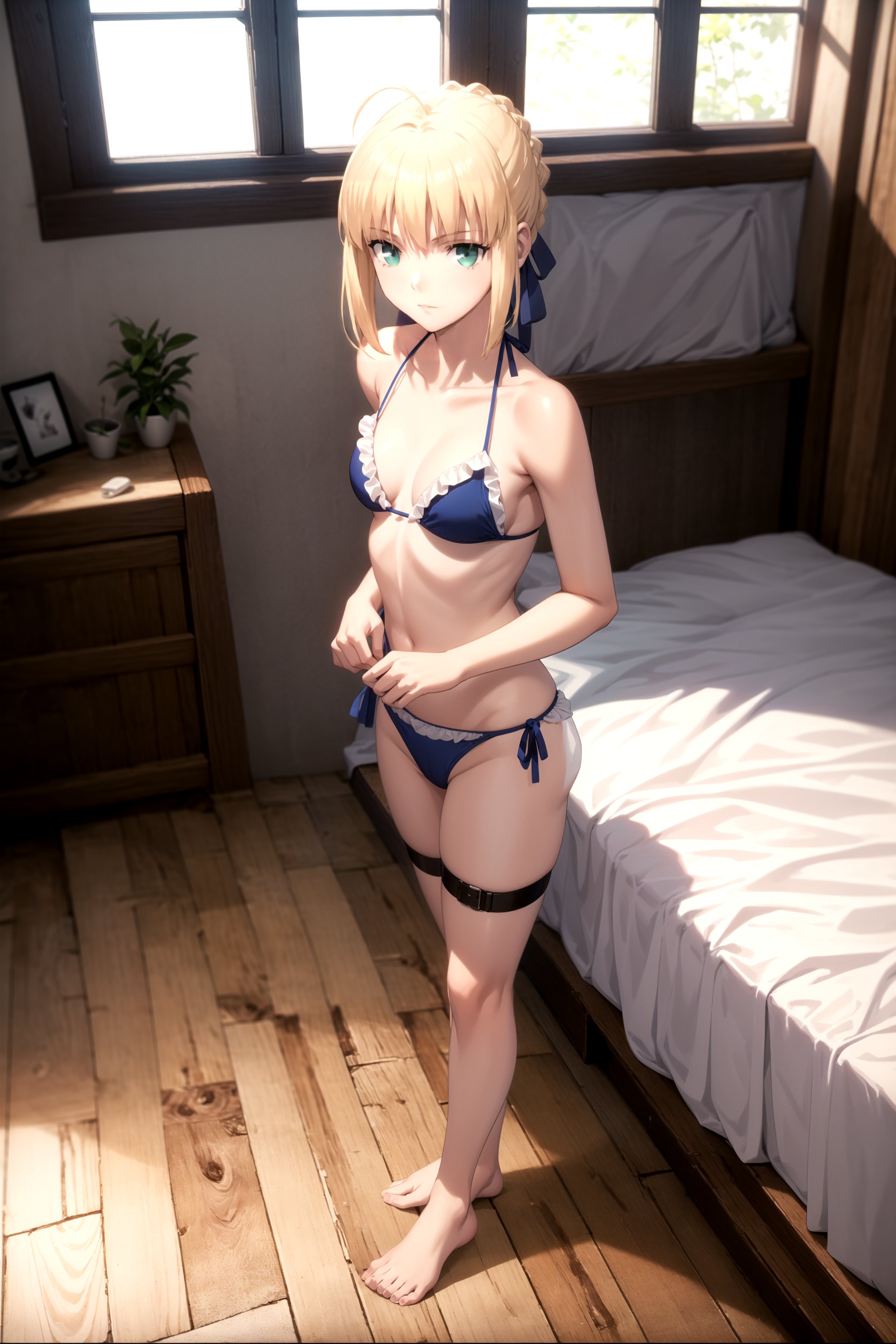 //Quality,
masterpiece, best quality
,//Character,
1girl, solo
,//Fashion,
,//Background,
collarbone, (indoors, window, wooden floor, bed), 
,//Others,
,phSaber, phAltoria, blue micro_bikini, thigh_straps, hair down, blurry, frills, closer_view, looking-at-viewer