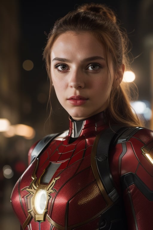 Portrait photo of girl in a worn mech suit as android lady, poker face, ((light bokeh)), intricate, (steel metal [rust]), elegant, sharp focus, photo by greg rutkowski, soft lighting, vibrant colors, (masterpiece), ((streets)), (detailed face)+, eye iris, bokeh, half naked, iron man, red and gold mix with symbiotic venom spiderman on her face and body and scarlet witch